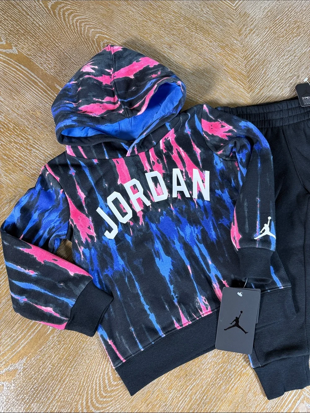 JORDAN Toddler Black Hoodie with Blue & Pink Tie-Dye Logo Jogger Set 3T
